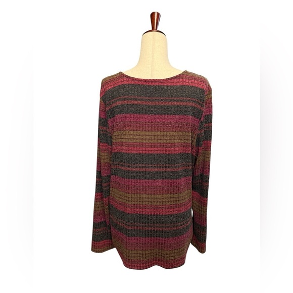 Women’s Plus Striped Long Sleeve Scoop Neck Sweater. Red Black Brown 2X #1509 - Picture 4 of 7